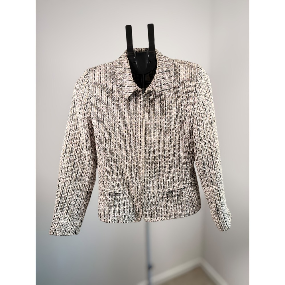 Lana Sport Pink Cream Tweed Zip Up Jacket Chain Detail Made in‎ Canada Size 6